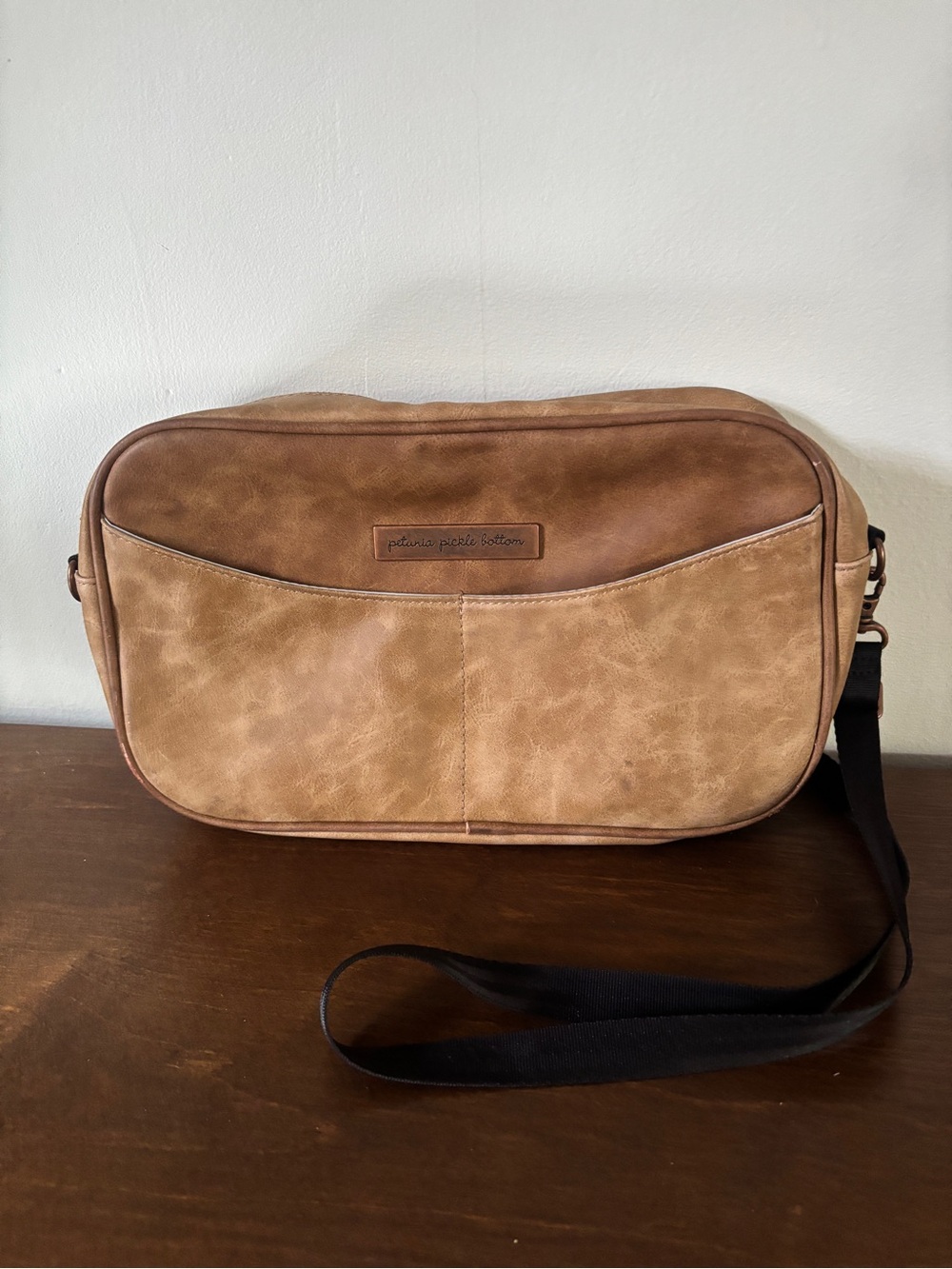 Petunia Pickle Bottom Tan Faux Leather Mini Diaper Bag Leopard Lining